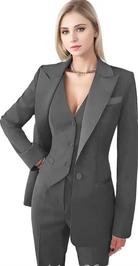 Fuchsia casual womens office suit jacket+vest+pants 3 pieces white formal womens business dress W241009