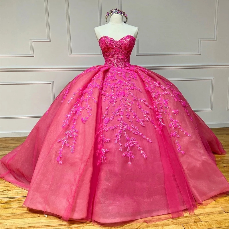 Rose Red Shiny Princess Sequin Lace Appliques Tull Quinceanera Dresses Off The Shoulder Ball Gown Princess Dress Corset Vestidos De 15 Anos