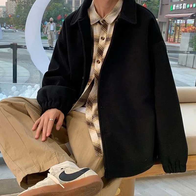 Winter Black Woolen Coats Men Vintage Single Breasted Loose Korean Fashion Wool Blends Rib Sleeve Harajuku Outerwear LX241010