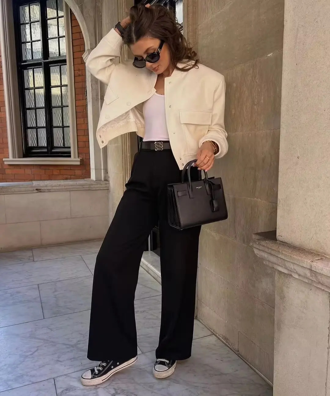 Y2K TRAF Fashion Women Bomber Jacket 2024 Autumn Stand Collar Long Sleeve Outerwear Lady Pockets Single-breasted Coat 241010