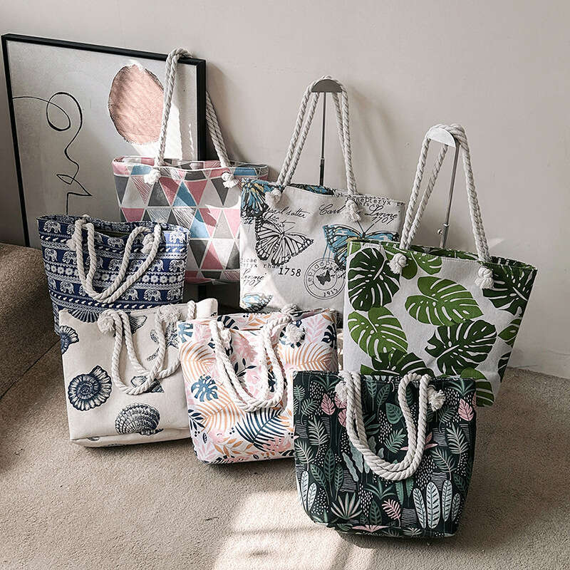 Creative printing large new casual and fashionable canvas women's bag, Korean version single shoulder diagonal cross thick rope beach bag