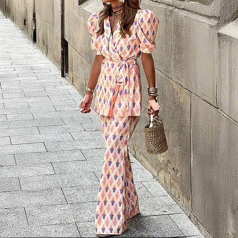 Office Fashion High Street Pants Set with Casual Pattern Printed Two Piece for Womens Elegant Puff Sleeves Lace 241008