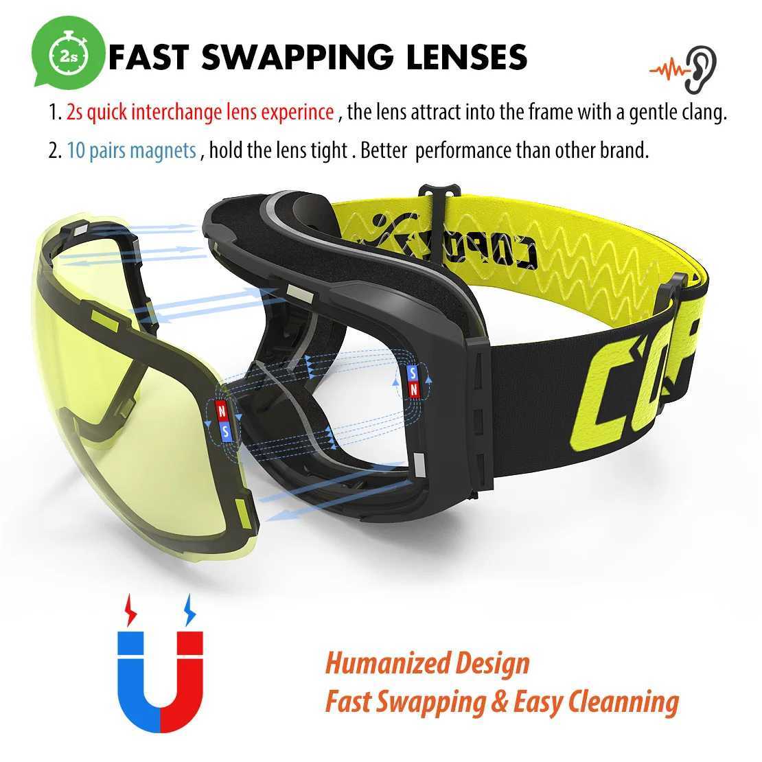 COPOZZ brand magnetic ski goggles with 100% anti fog UV400 dual lens protection for men and womens ski goggles CL241010