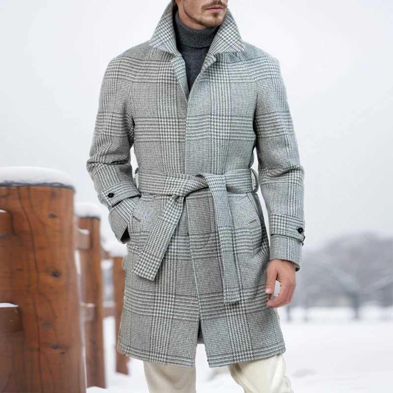 Vintage Plaid Woolen Trench Coat Men Fashionable Lapel Button-up Lace-up Belt Windbreaker Mens Mid Jacket Fall Winter Outerwear LX241010