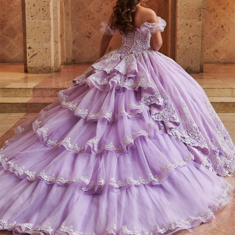 Lilac Ball Gown Quinceanera Dresses Princess Appliques Lace Beading Puffy Luxury Off the Shoulder Party Birthday Dress Vestidos De 15 Anos