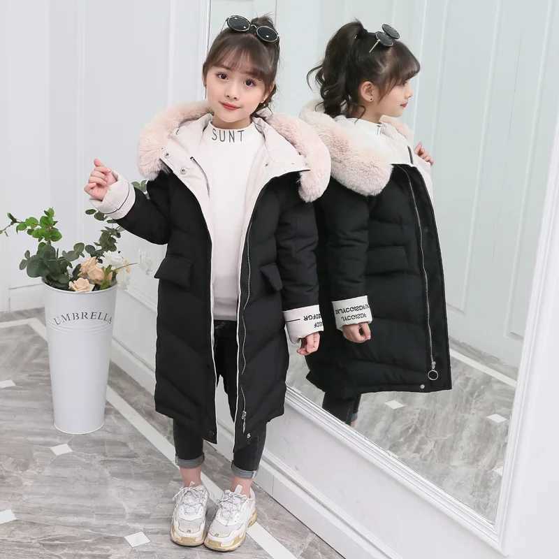 Down Coat 2024 Fashion Childrens Winter Cotton Jacket Girls Clothing Warm Thick Park Fur Collar Hooded Long Coat 3-14Y H241010