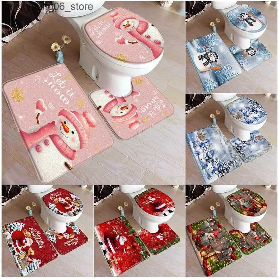 Non-Slip Bath Mats Funny Christmas Bath Mat Set Cute Snowman Santa Claus Red Balls Xmas Trees Carpet Home Decor Bathroom Floor Rug Toilet Lid Cover L2