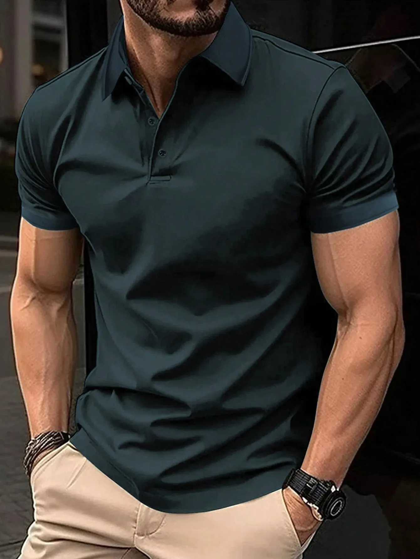 Mens high-quality short sleeved polo shirt high-end casual business T-shirt Henry collar polo high-quality mens T-shirt W241010