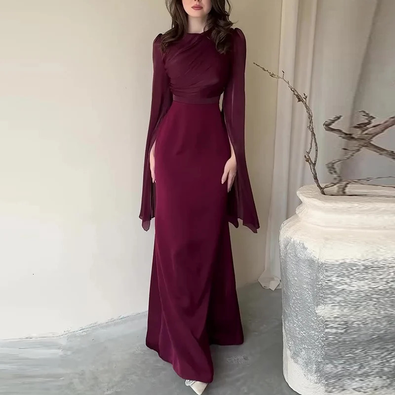 Fashion Satin Solid Robe Dress Ladies Temperament Oneck Slim Evening Elegant Batwing Sleeves High Waist Pleats Long 241009