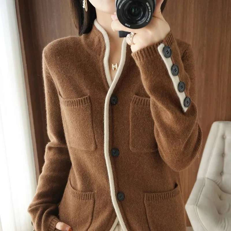 Autumn Winter Wool Cashmere Sweater Womens Stand-up Collar Cardigan Sweater Patchwork Button Warm Knitted Coat Women Tops 241010