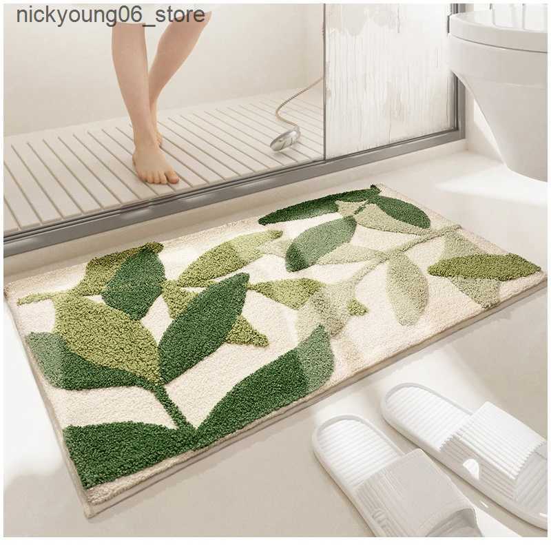 Non-Slip Bath Mats QNBHR Green Leaves Flocking Bath Mat Non-slip Absorbent Microfiber Bathroom Rug Home Entrance Door Mat Super Soft Bath Carpet L2409