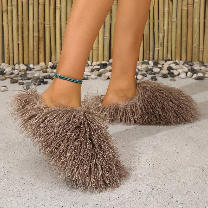 Plus Size Furry Faux Fur Shoes Autumn Winter Fur Slippers for Women Home Plush Warm Cotton Slippers Indoor Fur Slides 240927