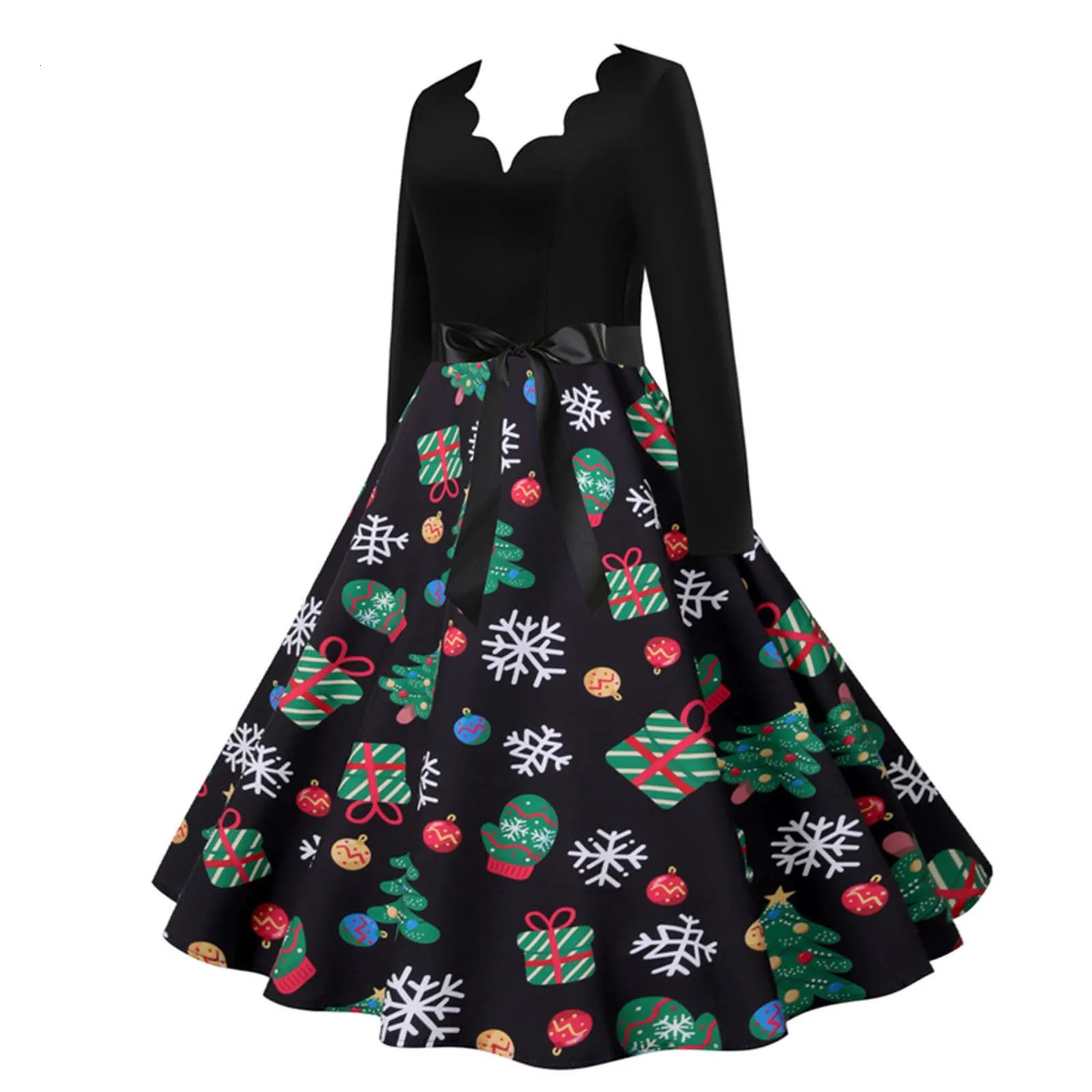Black Christmas Print Vintage Dress Women Swing Robe Pinup Sexy V Neck Long Sleeve Party Dresses 2024 Autumn Vestido A-Line 241010
