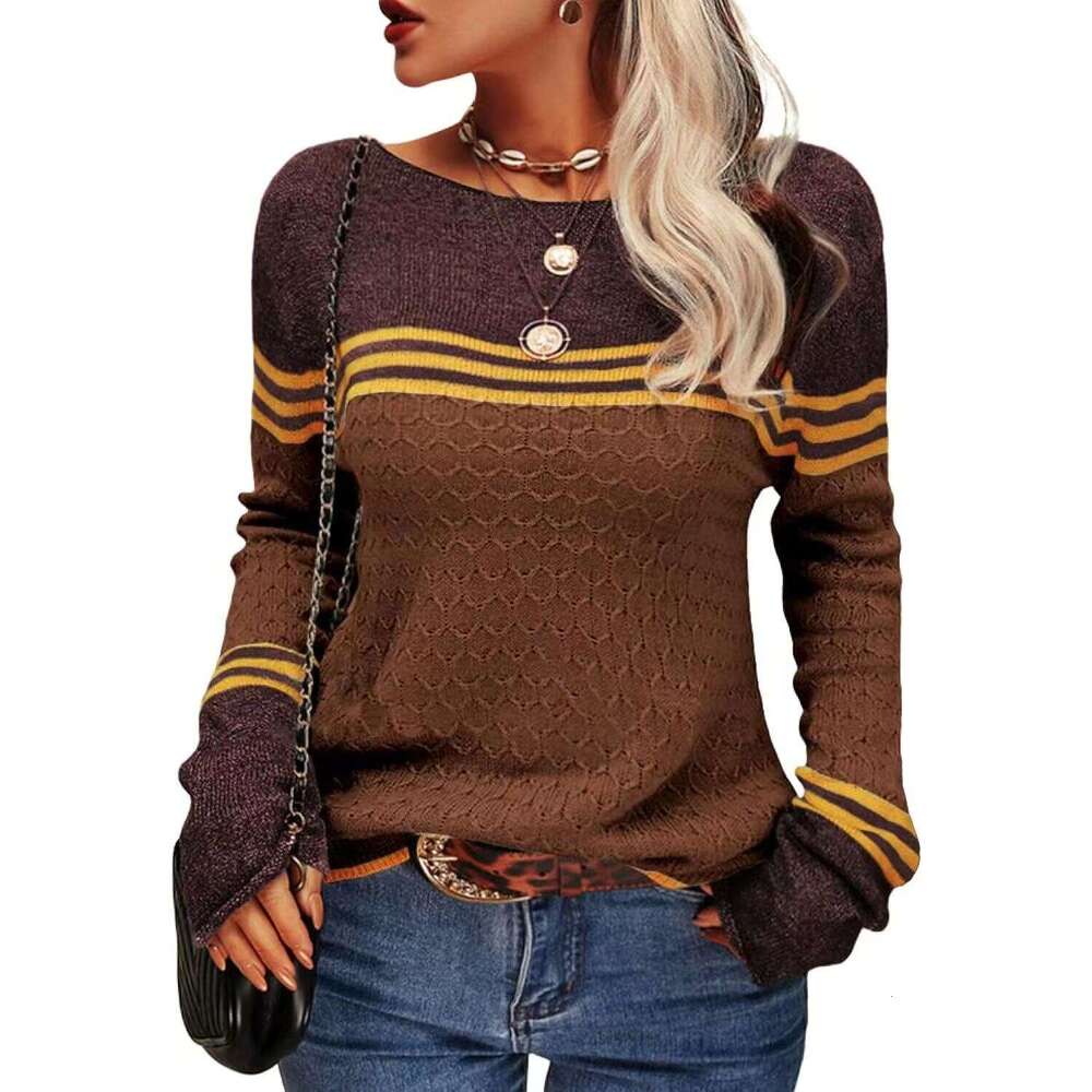 2024 autumn and winter new fashionable crochet long sleeved top with striped color blocking round neck knitted sweater for women