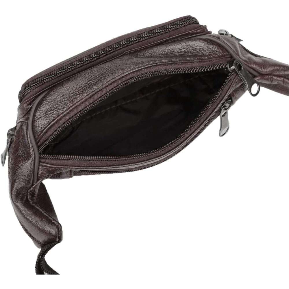 Cowhide Leather Large Size 7 Pockets Fanny Pack, Waist Pack (Dark Brown)