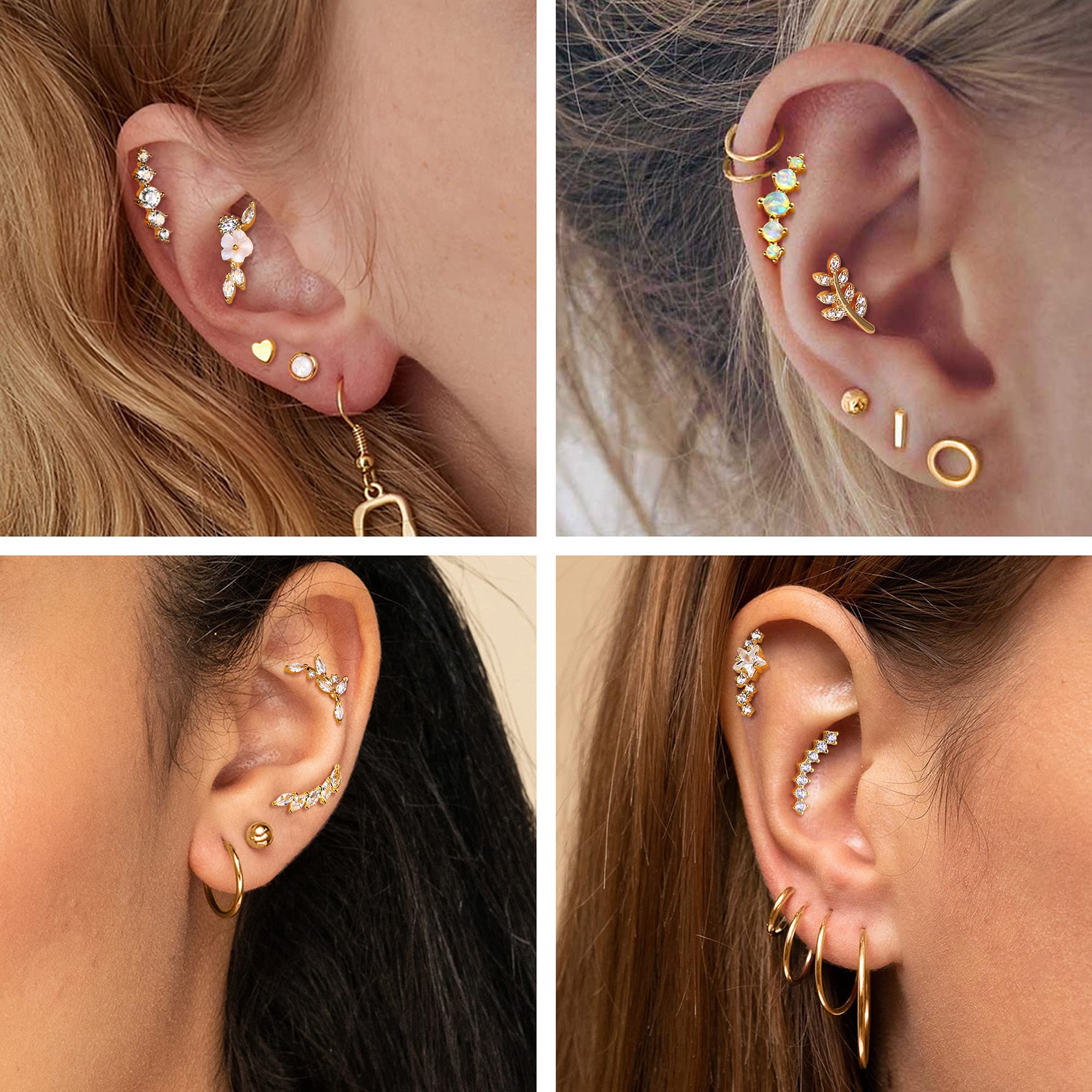 G23 Titanium Cartilage Earrings for Women 16G Pure Titanium Flat Back Stud for Sensitive Ear 14K Gold Cartilage Opal CZ Stud Earrings Internally Threa
