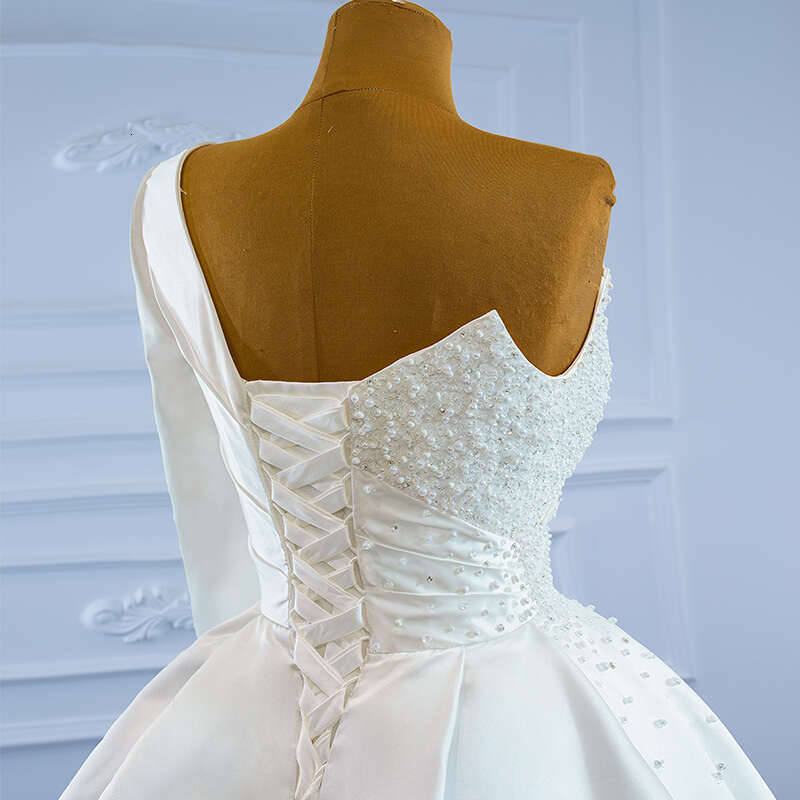 RSM67244 Elegant Pearl Beading Satin one shoulder detachable mermaid Bridal Wedding Dress