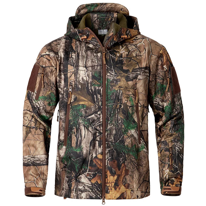 Mens silent soft shell camouflage tactical jacket waterproof and warm wool hunting jacket outdoor hiking and fishing hooded jacket 241009
