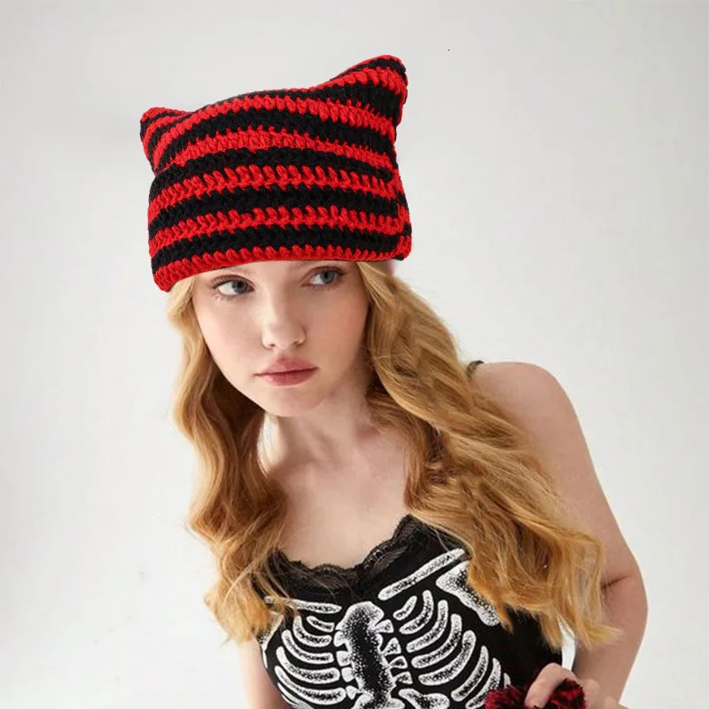 Cute Cat-eared Hand-crocheted Woolen Hat For Ladies Winter Imp Striped Korean Punk Gothic Casual Thermal Hat 241007