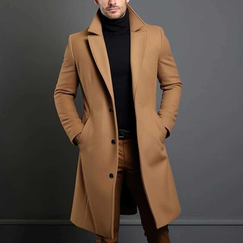 New Mens Mid Length Woolen Coat Winter Mens Single Breasted Wool Coat 2024 Mens Suit Collar Solid Color Office Pocket Jacket LX241010