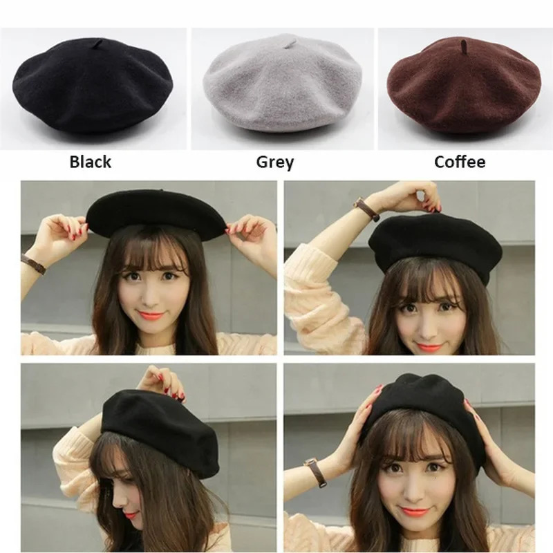 Womens beret French plain woolen hat Warm winter beanie Retro beret Solid color Elegant Womens winter hat 241007