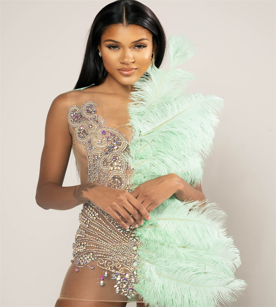 Amazing Feather See Through Prom Dresses With Rhinestone Crystal Luxury Black Girls Short Cocktail Dress Birthday Evening Dress Graduation Homecoming 