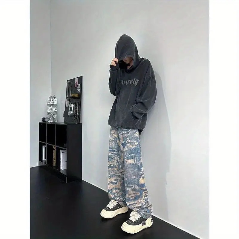 Autumn American High Street Mens and Womens Fashion Personalized Full Print Laundry Jeans Straight Fit Loose Hip Hop Casual Pants y2k 240929