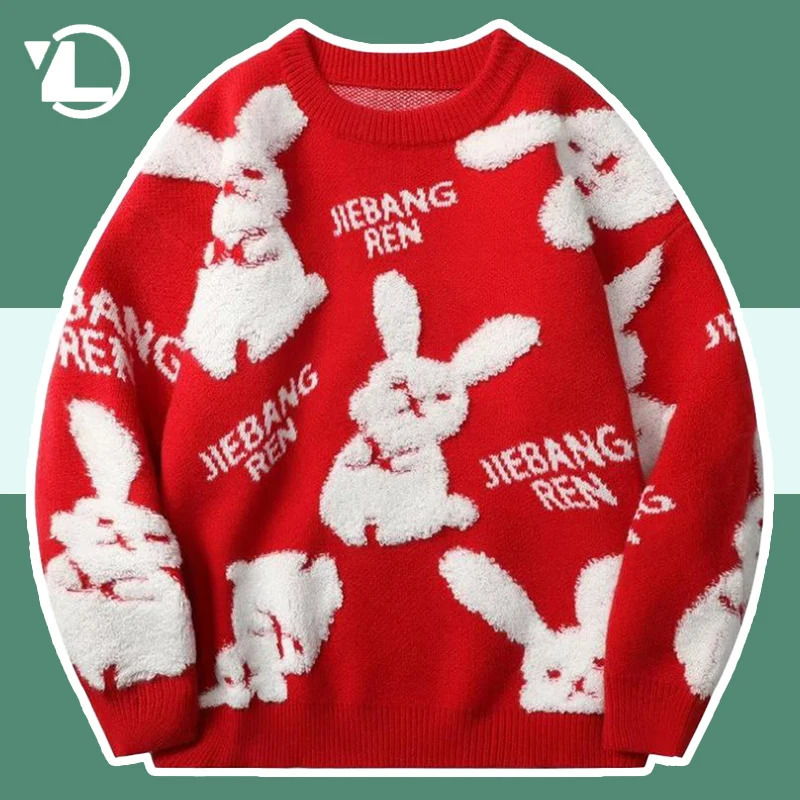 Retro loose red knitted sweater for men cartoon rabbit Shin Harajuku knitted latte winter jumping hip-hop couple excessive jumping 241007