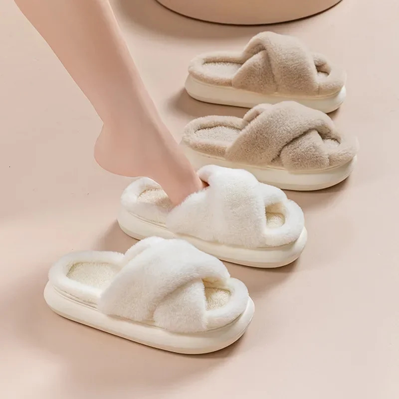 Fluffy fur home slippers for women in winter anti slip indoor floor shoes thick soled home cotton fur slippers 241007