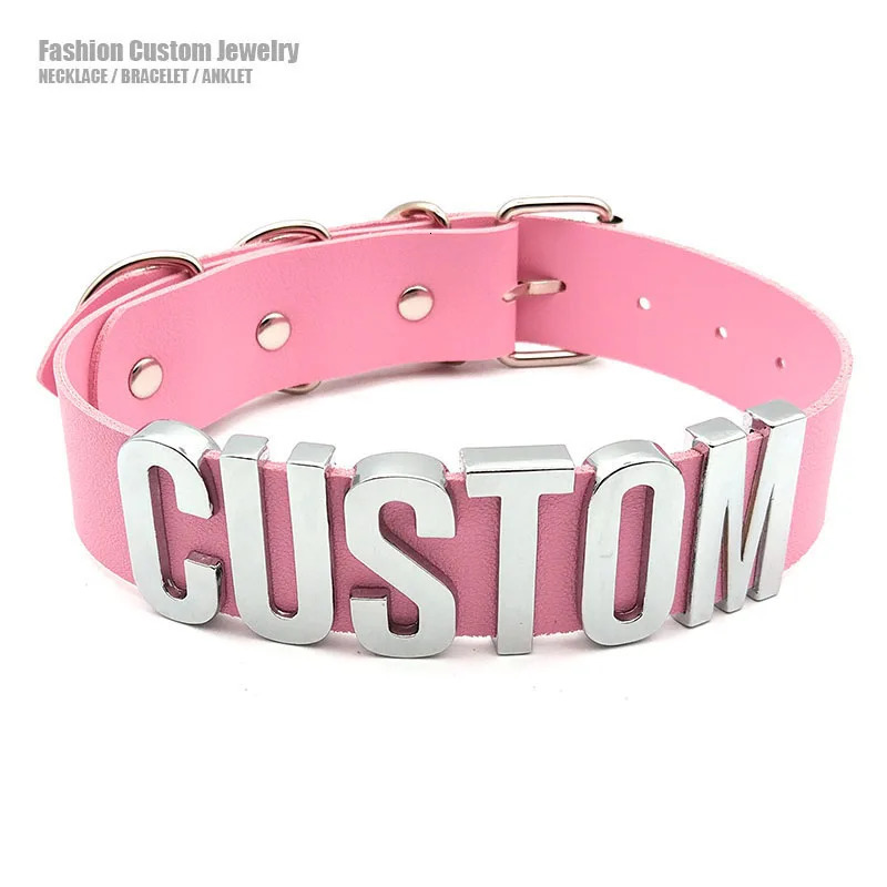 Sexy Pink Leather Customized Letters Collars Choker Necklace Punk Personalized Name Buckle Chocker Jewelry Cosplay Party Gift 241009