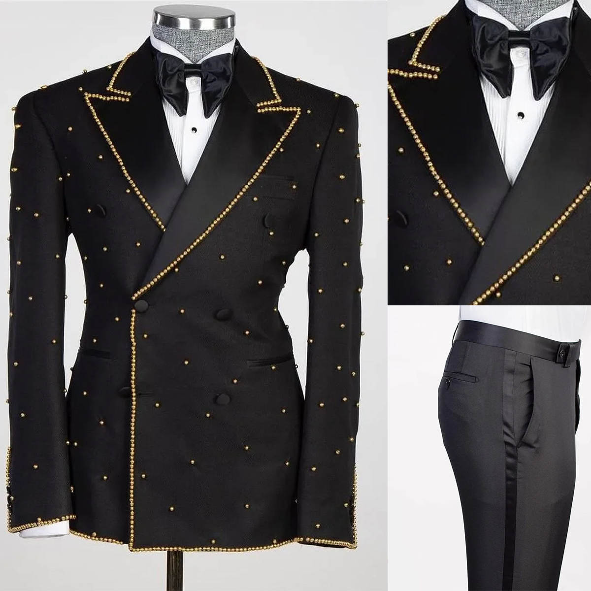 Gold Beads Mens Wedding Tuxedos Beading Peaked Lapel Custom Made Jacket Pants Suits 2 Pieces Birthday Party Prom Groom Wear