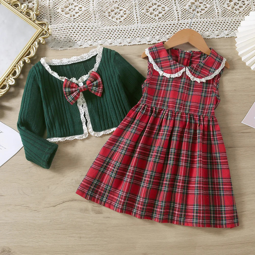 Childrens plaid girl Christmas dress autumn winter childrens long sleeved casual lace knitted cardigan top childrens clothing 241008