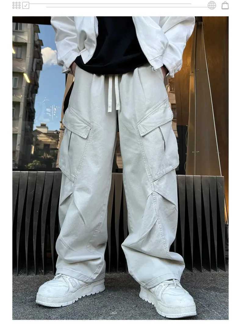 Retro mens straight leg pants 100% pure cotton wide cargo pants casual bag large pocket umbrella cavalry streetwear W241009