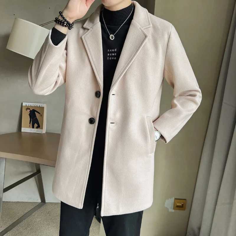 Trend Mens Autumn and Winter Mid Length Solid Color High Quality Woolen Coat Business Casual Turn-down Collar Mens Top LX241010