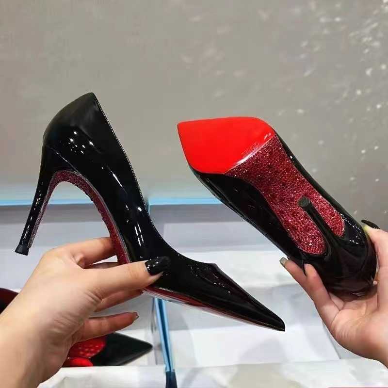 2025 Heels red bottomed shoes loafers kitten heels high heels Side empty red sole black high heels for women new sexy temperament nightclub slim heel 
