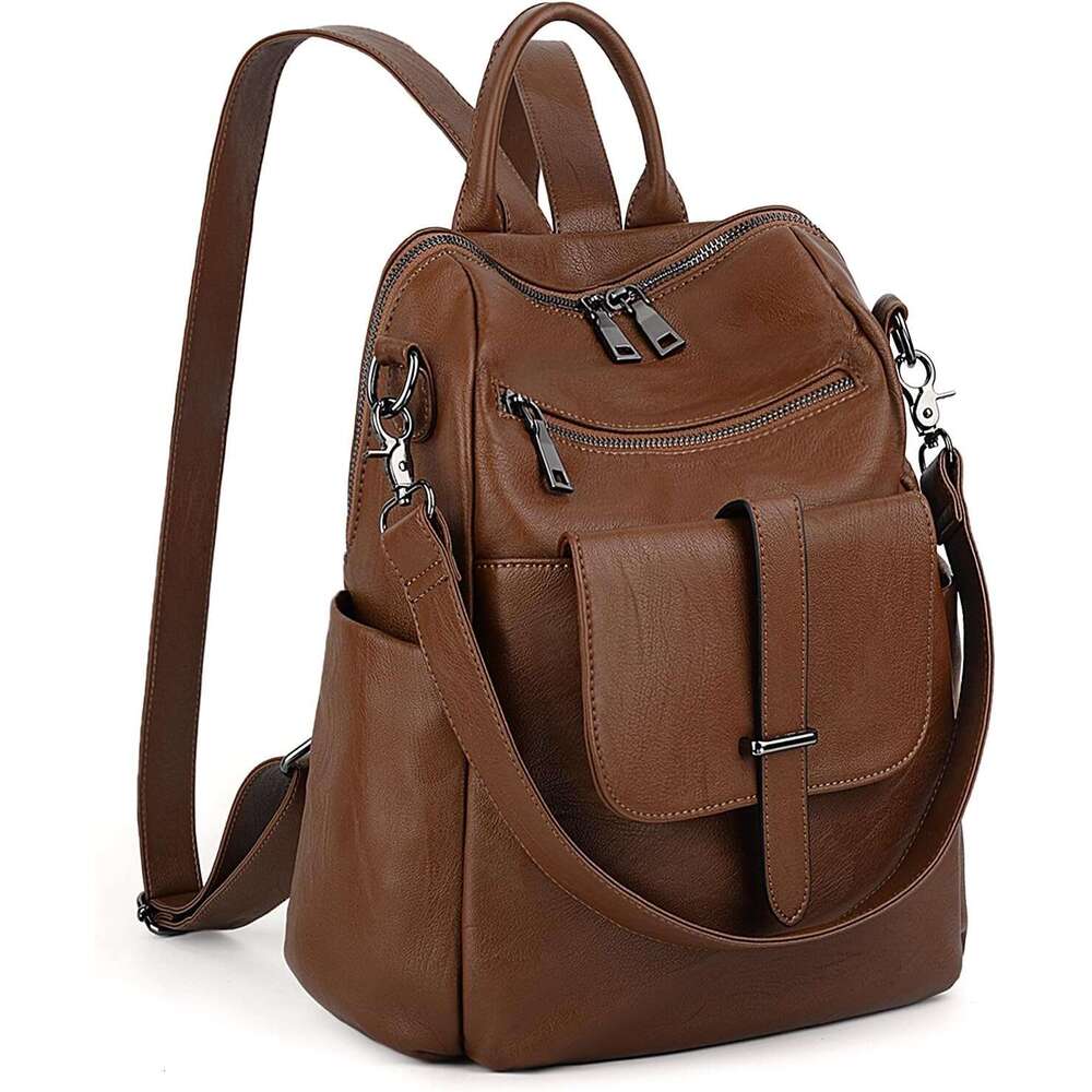 Women Backpack Purse Leather Vegan Convertible Ladies Rucack Front Belt Pocket Shoulder Bag Black