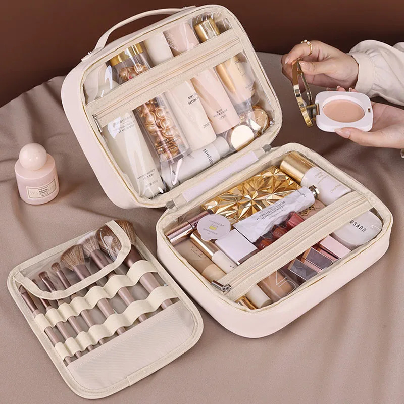 Makeup bag made of PU leather double-layer transparent cosmetic bag large capacity cosmetic organizer essential for womens travel 241008