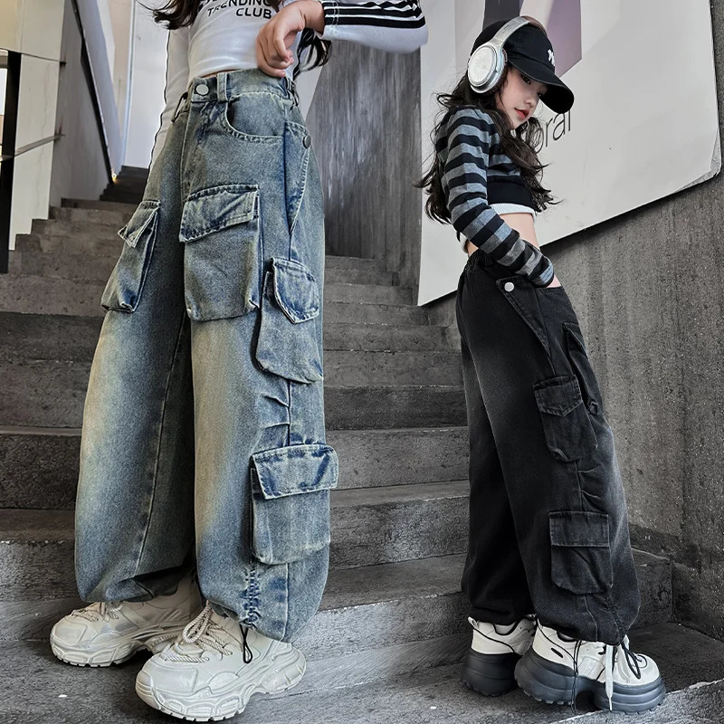 Teenage girl wide leg jeans autumn fashion childrens casual jeans childrens work clothes straight leg bag pants 15Y 241008