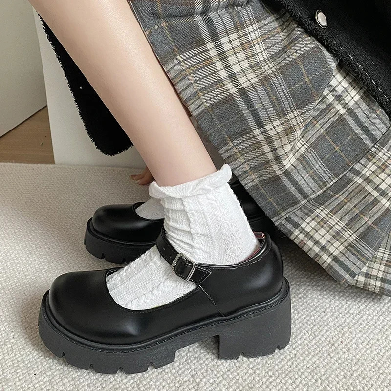 Platform Heels Mary Jane Shoes Simple Lolita Black Platform Heeled Shoes Student College Sweet Medium Heel Womens Single Shoes 241007