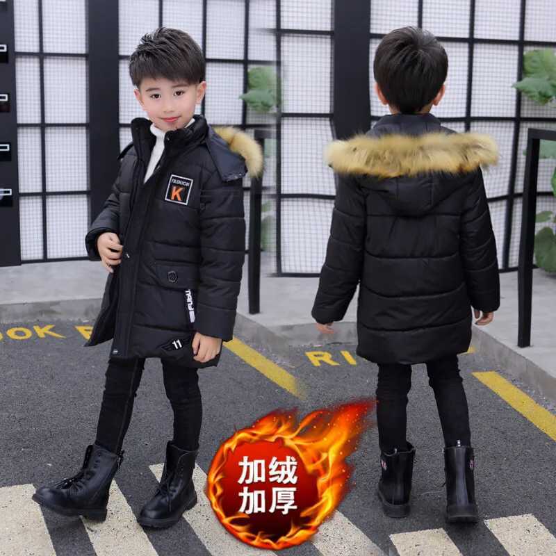 Down Coat 5 6 8 10 12 14 Years Big Boys Jacket Autumn Winter Plus Velvet Warm Teen s Jackets Fashion Mid length Zipper Hooded Boys Jacket H241010
