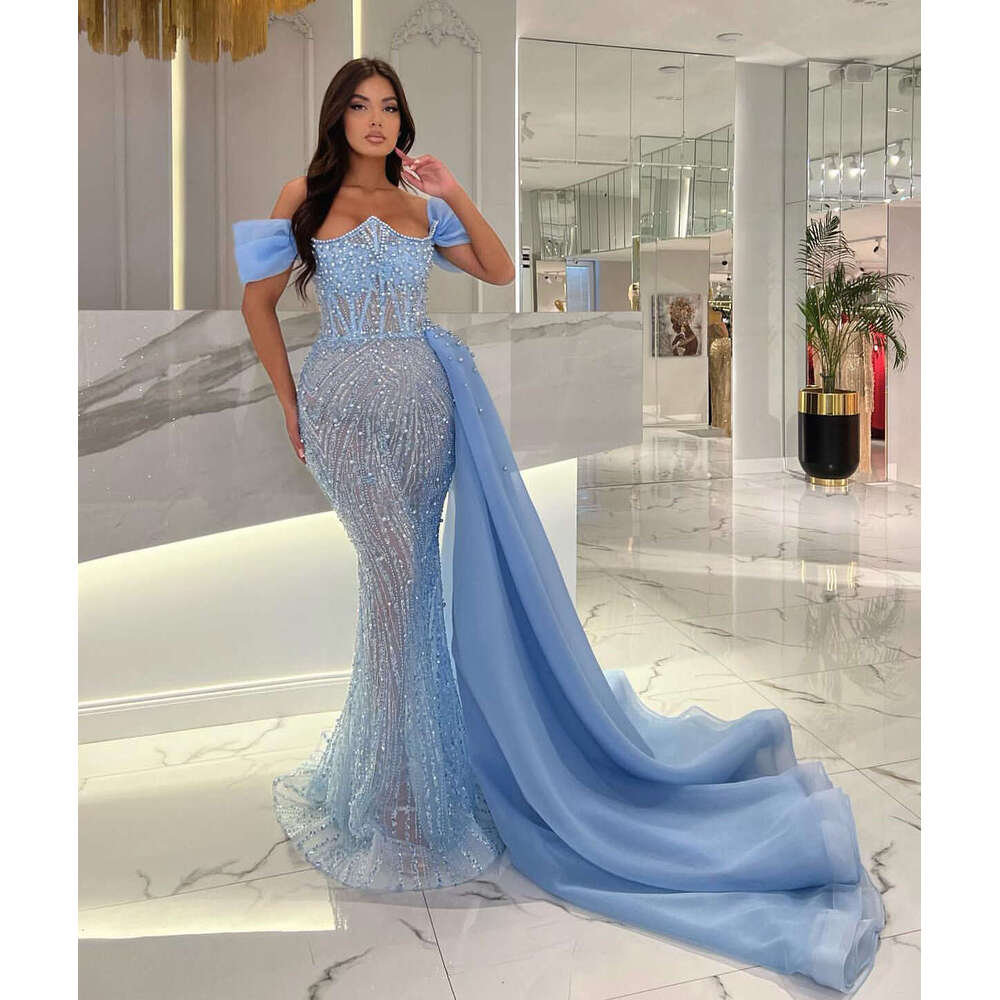 Elegant Blue Prom For Women Off Shoulder Beading Sequins Pearls Evening Dresses Custom Made