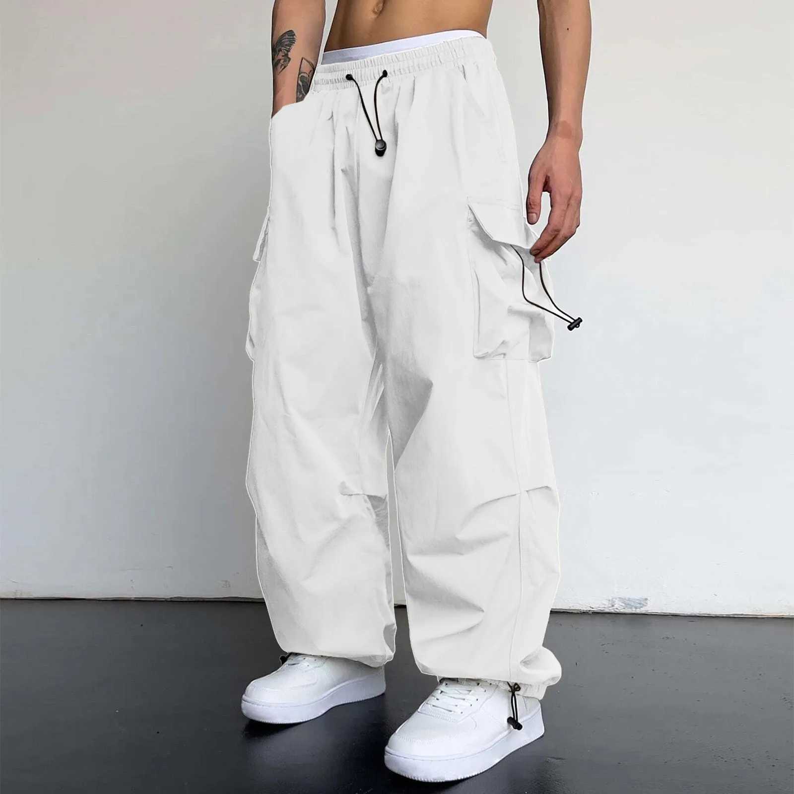 Commodity pants Harajuku mens oversized streetwear hip-hop wide leg runner pocket pants solid elastic waist multiple pockets Trouser W241009