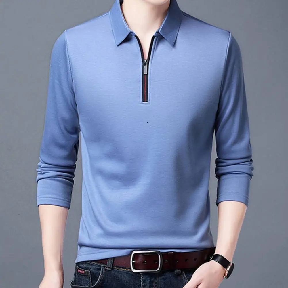Fashion Men Business Shirt Lapel Zipper Neckline Long Sleeve Pullover Tops Spring Autumn Slim Fit Work T-shirt 241010
