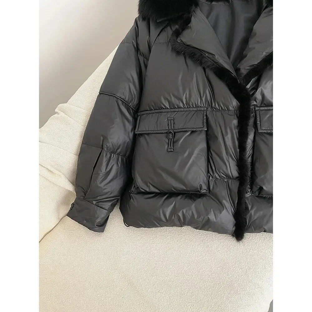 Korean style loose casual down jacket autumn fashion fox fur collar splicing 90% white duck sagging thick warm womens 241007