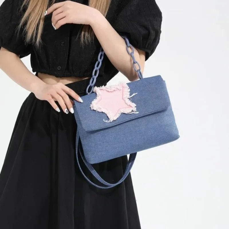 Contrasting Color Fashion denim bag for women shoulder messenger bag Versatile Ins large capacity handbag 241008