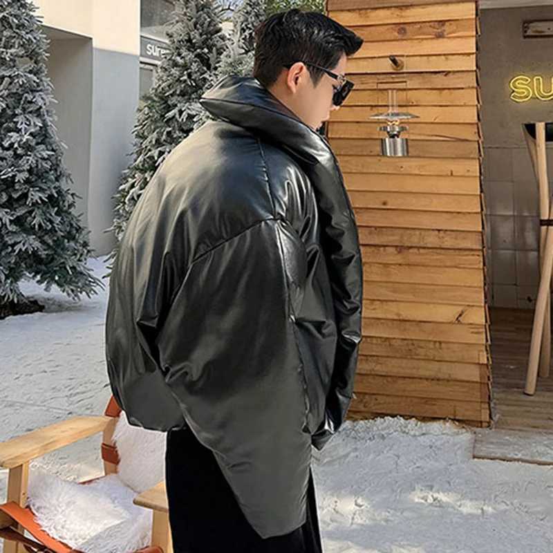 Men's Down Parkas IEFB American style mens PU leather down jacket solid color new trend mens park niche design cotton coat 2024 winter 9C4005 Y24