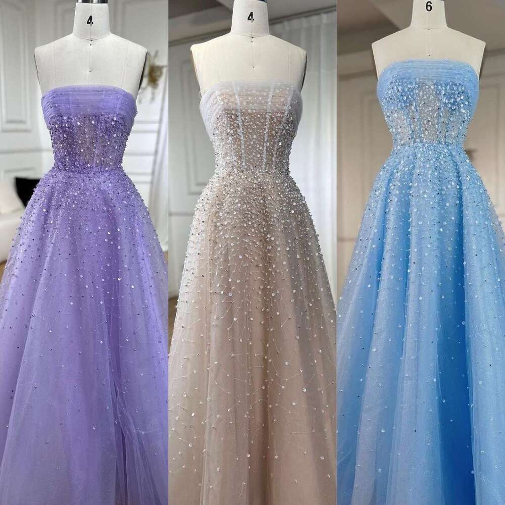 Serene Hill Arabic Beige Strapless A e Beaded Elegant Long Evening Dresses For Women Wedding Party With Gloves 2024 GLA72009