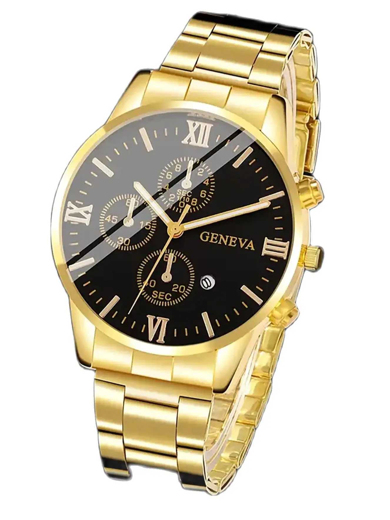 3PCS Classic business style alloy mens quartz watch with Cuban bracelet Cross necklace set Birthday gift wristband calendarX241010