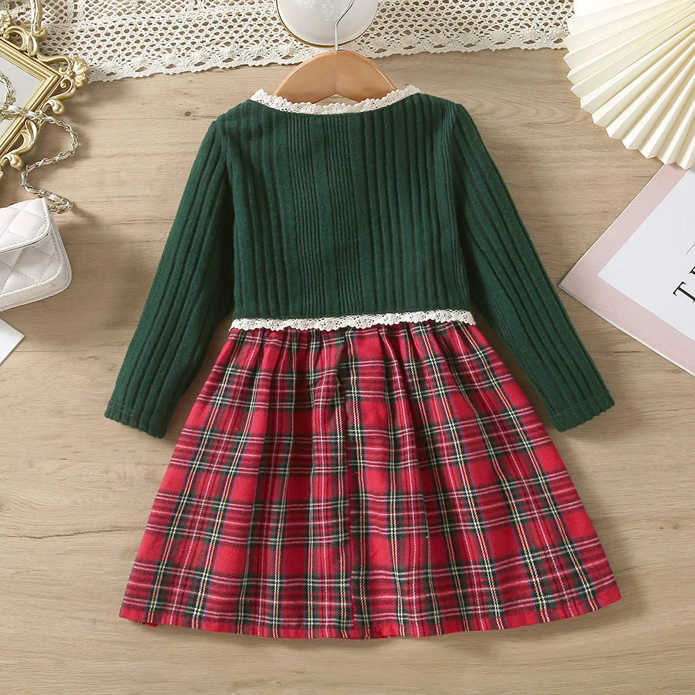 Childrens plaid girl Christmas dress autumn winter childrens long sleeved casual lace knitted cardigan top childrens clothing 241008