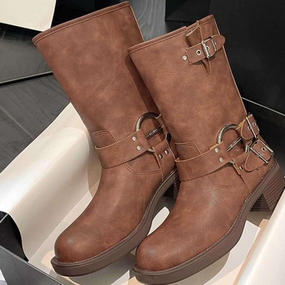 Heeled Thigh High Heel Boots For Women The Knee Fashion Boots Autumn Winter Metal Leather Martin Boots Buckle Western Knight Boots 240826